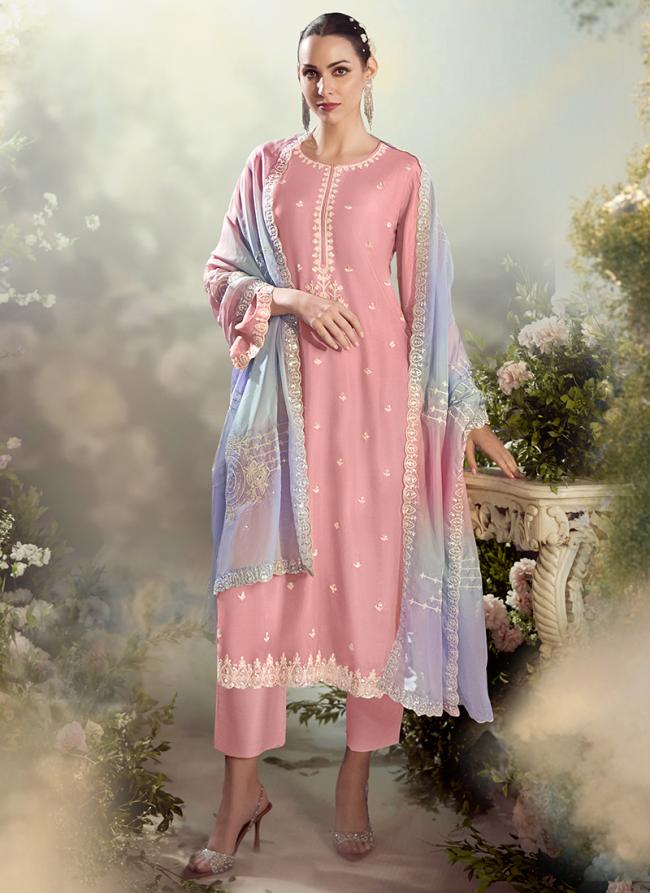 Modal Silk Peach Party Wear Emboidery Work Straight Suit